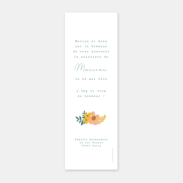 Faire-part de naissance marque page fleuri