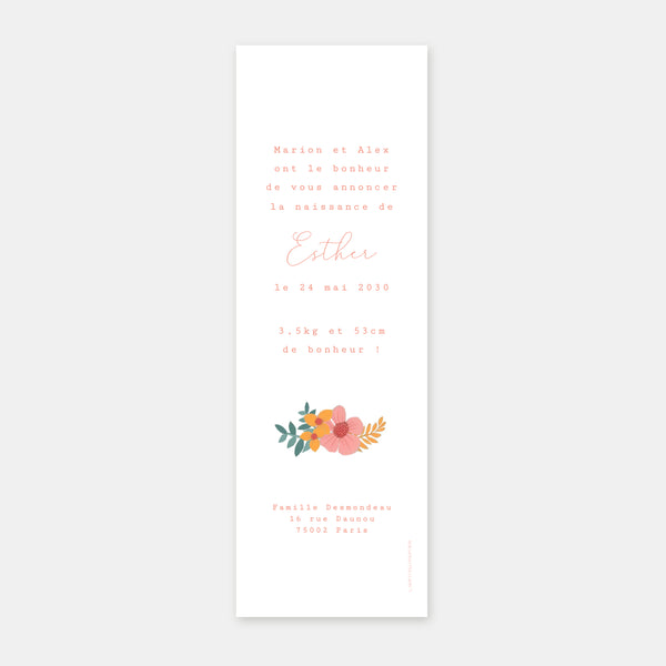 Flowery bookmark birth announcement