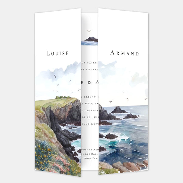 Watercolor Breton coast wedding invitation