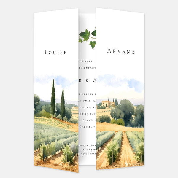 Watercolor Provençal vineyard wedding invitation