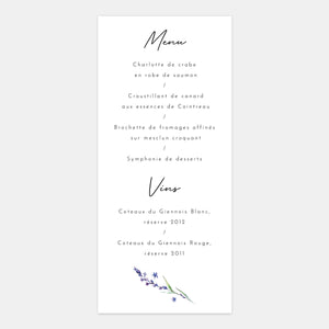 Menu mariage transparence Lavandes