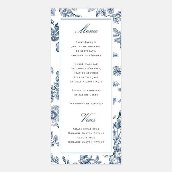 Menu mariage toile de Jouy florale