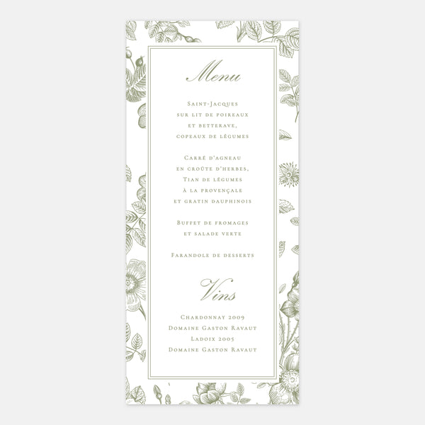 Menu mariage toile de Jouy florale