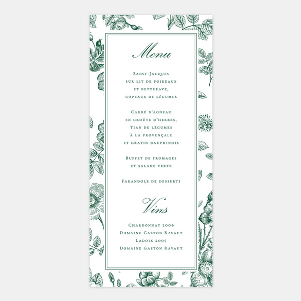 Menu mariage toile de Jouy florale