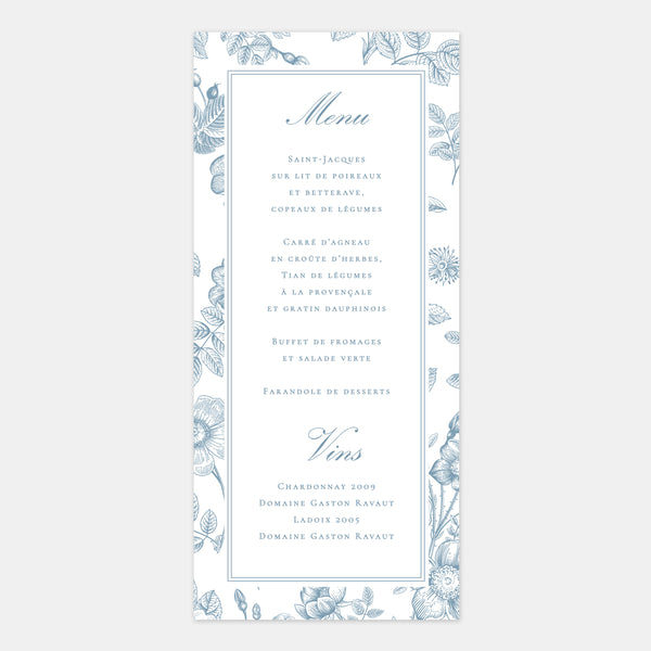 Menu mariage toile de Jouy florale