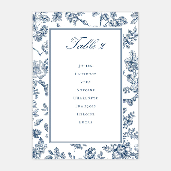 Floral toile de Jouy wedding table plan - 5ex