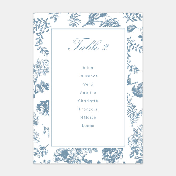 Plan de table de mariage toile de Jouy florale - 5ex