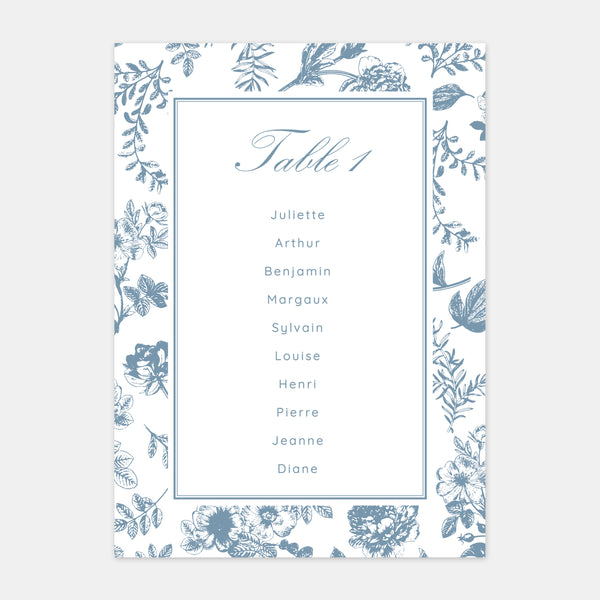 Plan de table de mariage toile de Jouy florale - 5ex