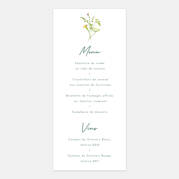 Menu de mariage jardin aquarelle