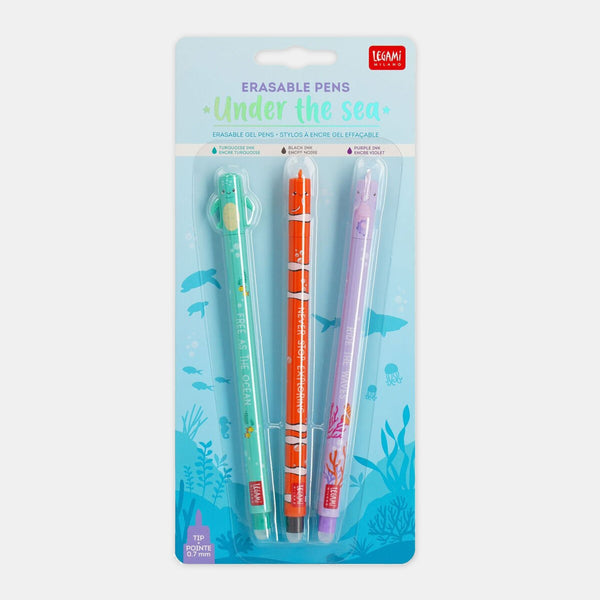 Set de 3 stylos encre gel effaçables - Animaux des mers