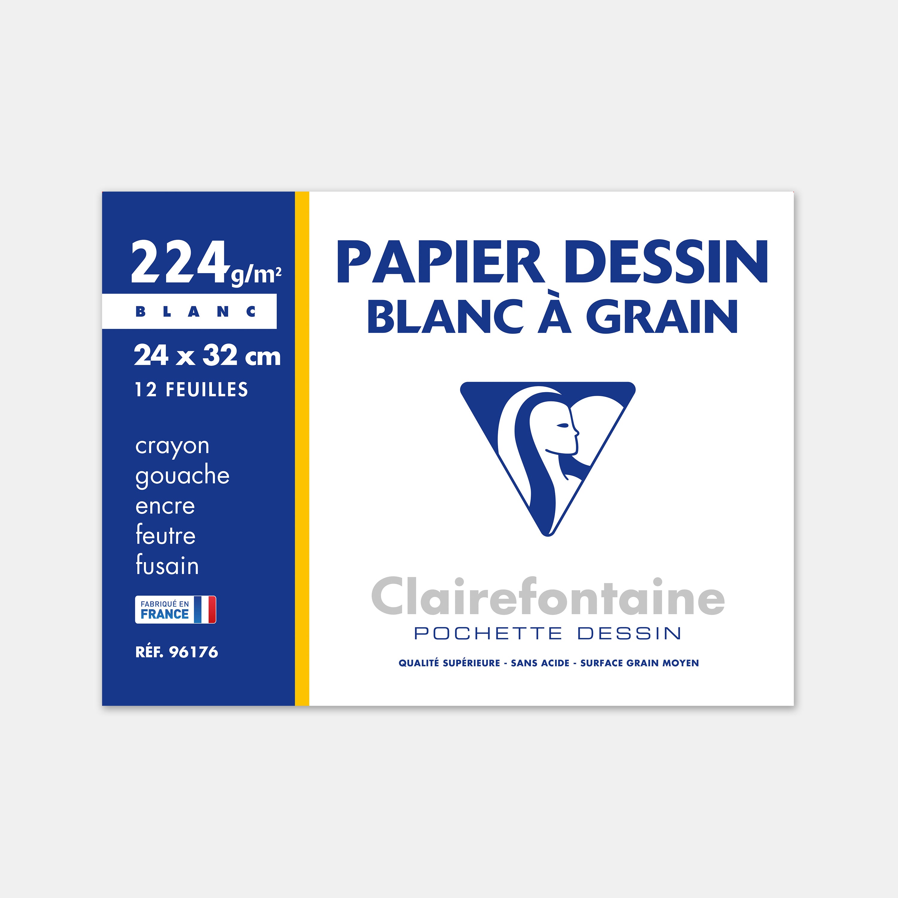 Papier dessin blanc à grain couleurs vives 160g pochette de 12  feuilles-Clairefontaine